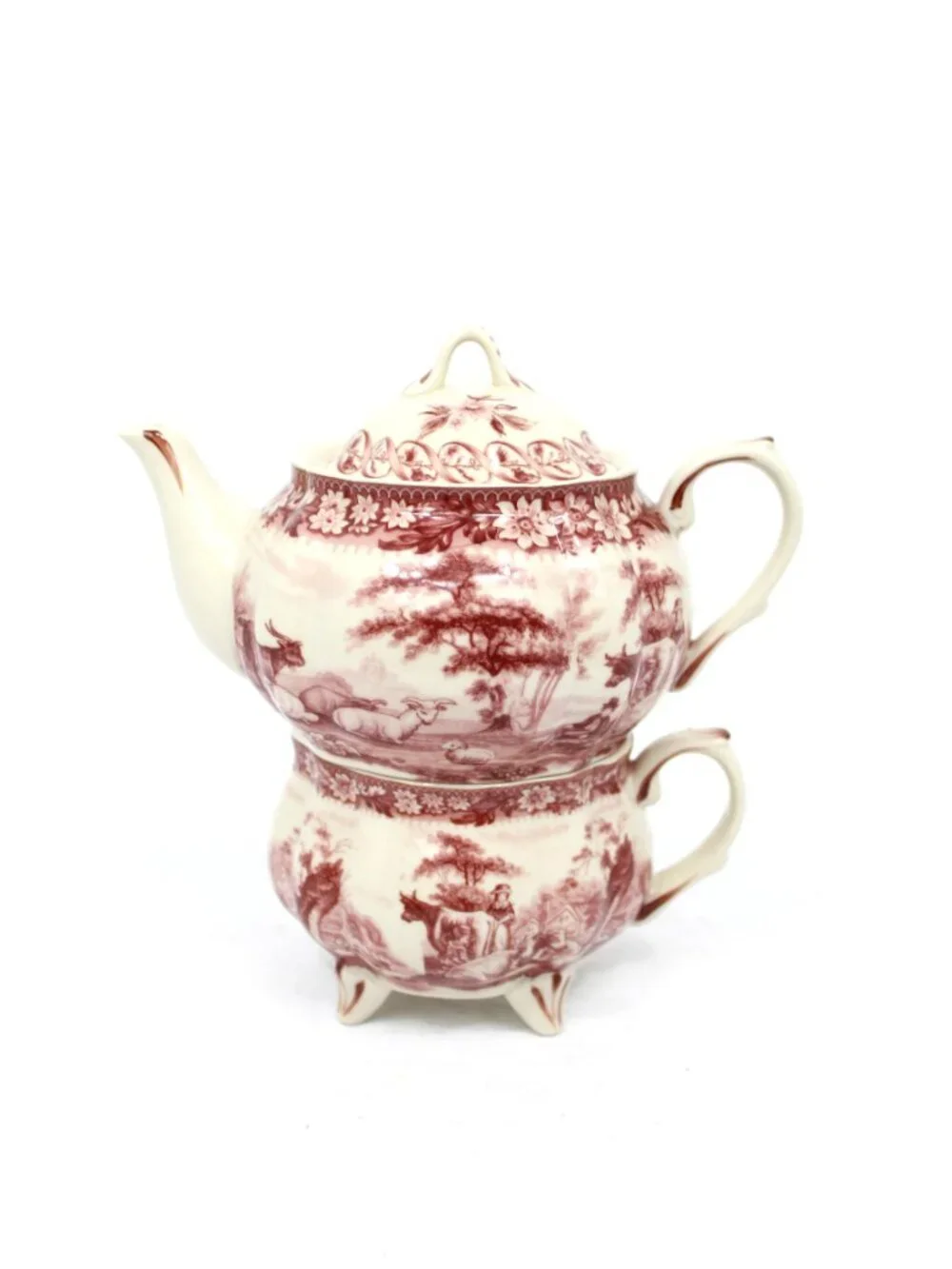 PORCELAIN RED TRANSFERWARE ANTIQUE REPRODUCTION STACKED TEA POT\DOUBLE STACK CUP